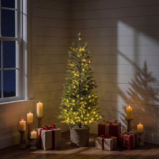 Nearly Natural 5ft. Pre-Lit Snowed Cypress Artificial Christmas Tree in Hyacinth Basket, Clear LED Lights